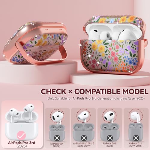 Image of Inesore for AirPods Pro 3 Case Cover 2025 with Lock- Seven Color Flower | Two-Piece Design,with Gold Keychain & Clean Pen, As Phone Stand,Support Wireless Charging,Cute Luxury Case for Women Girly