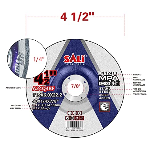 SALI 5 Pack 4-1/2 Inch Grinding Wheels for General Purpose Metal & Stainless Steel, Aluminum Oxide Grinding Disc for Angle Grinder, Depressed Center 4.5" * 1/4" * 7/8"(115 * 6.0 * 22.2 mm)