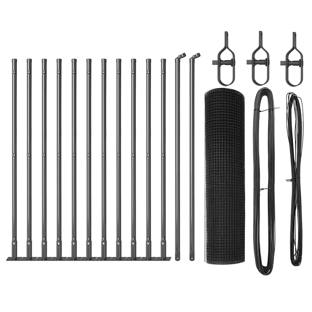 Fence Post Grey 25 x 0.4 m 19x19 mm Mesh Steel PVC Outdoor Garden Security Fence Kit Weather Resistant Powder Coated Modular Support for Patio Terrace Boundary