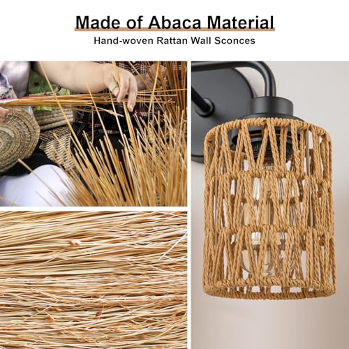 Image of Boho Bathroom Light Fixtures, 2-Light Rustic Vanity Lights Over Mirror | Hand-woven Rattan Wicker Shades, Farmhouse Rustic Vanity Lighting for Bedroom Bathroom Hallway Restroom