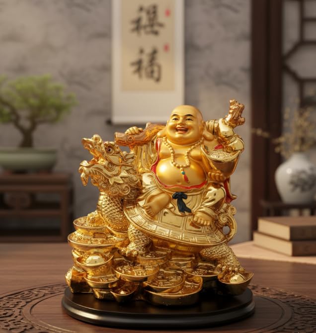 Image of POOMEE Luxury Golden Laughing Buddha Statue for Home and Office Decor Premium Glossy Finish Resin Feng Shui Buddha Idol for Wealth Happiness Prosperity with Stable Base 13 cm