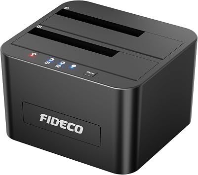 FIDECO Hard Drive Docking Station USB 3.0 SATA HDD Docking Station for 2.5 and 3.5 Inch SATA HDD/SSD Dual Bay Supports Offline Clone UASP | HDD/SSD Stand, Stand, Tool-Free Installation, Support UASP