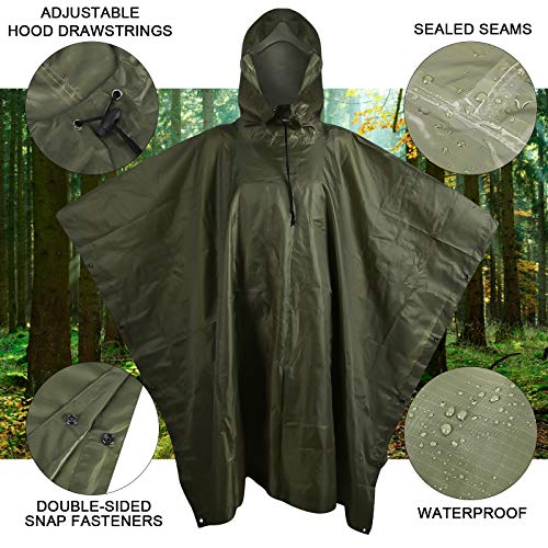 Fousam Camo Poncho, Waterproof Ripstop Hooded Raincoat Lightweight Packable Rain Cover for Hunting Camping Backpacking Emergency Tent Shelter Army Green