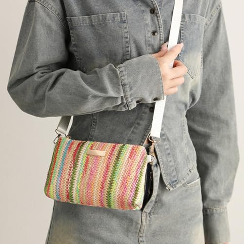 Bolso tote de paja para mujer, con rayas arcoíris, informal, para playa, hombro y cruzado, verano y vacaciones miniatura 3