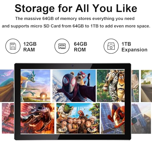 Image of 10 Inch Tablet Android Tablets 64GB 12GB RAM 10 inch Android Tablet Supports 1TB Expansion Dual Camera 6000mAh Long-lasting battery WiFi-6 Tableta 2 IN 1 Tablets with Bluetooth Mouse Case Stylus Keyboard