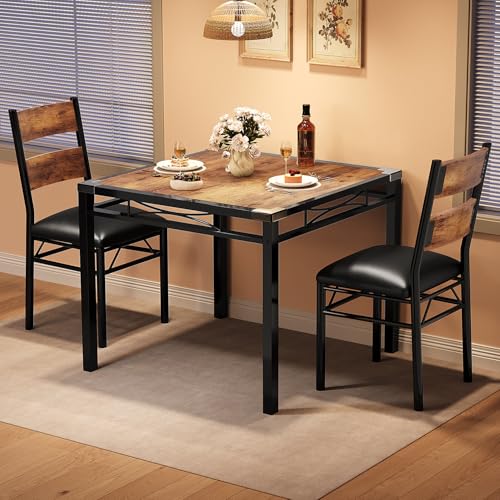 Garvee Wood Dining Table Set for 2 with Upholstered Chairs, Kitchen Table Chairs Set of 2 with Corner Protector, Dining Room Table Set for 2, for Kitc
