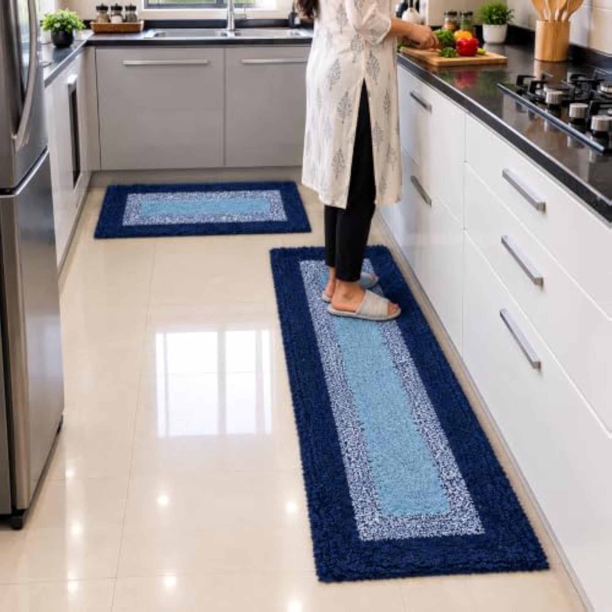 Classic Blue Kitchen Mat Set of 2, Premium Printed