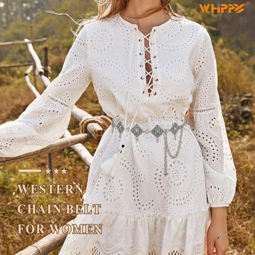 Image of WHIPPY Western Metal Concho Belt for Women Vintage Cowgirl Boho Turquoise Chain Belts for Dresses Jeans