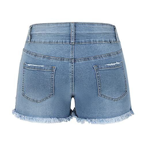 Image of THUNDER STAR Women Mid Rise Ripped Stretchy Jeans Shorts Frayed Raw Hem Casual Denim Shorts