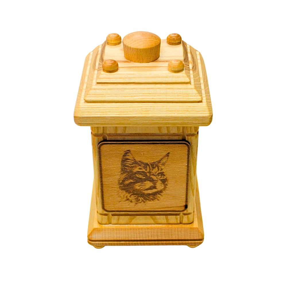 Würdevolle schlichte Tierurne, Urne für Katzen, Andenkurne Katze, Katzenandenken, Aschebox für Katzen, Andenkbox, Holzurne groß, Urne mit Katzenmotiv aus massivem Buchenholz, L/B/H 12 x 12 x 20 cm.