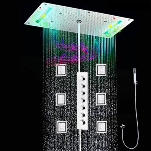 Sistema de Ducha Bluetooth LED Cascada Luxurious Recessed 15" x 32" con 7 perillas termostáticas y 6 Funciones variadas (Lluvia, Cascada, Mist SPA, Columna, Jets de cuerpo y Ducha de mano) acabado en Negro Mate