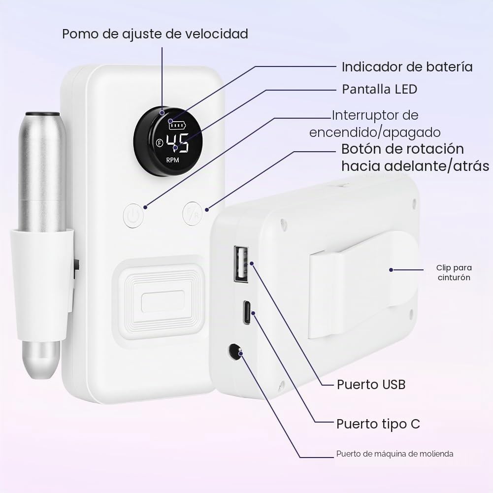 Torno para Uñas Profesional 30000 RPM, Torno para Uñas Portátil Recargable, Tor-no Uñ-as Taladro Eléctrico con 6 Brocas, Velocidad Ajustable, para Gel o Acrilicas para Hogar y Salón （Blanco）