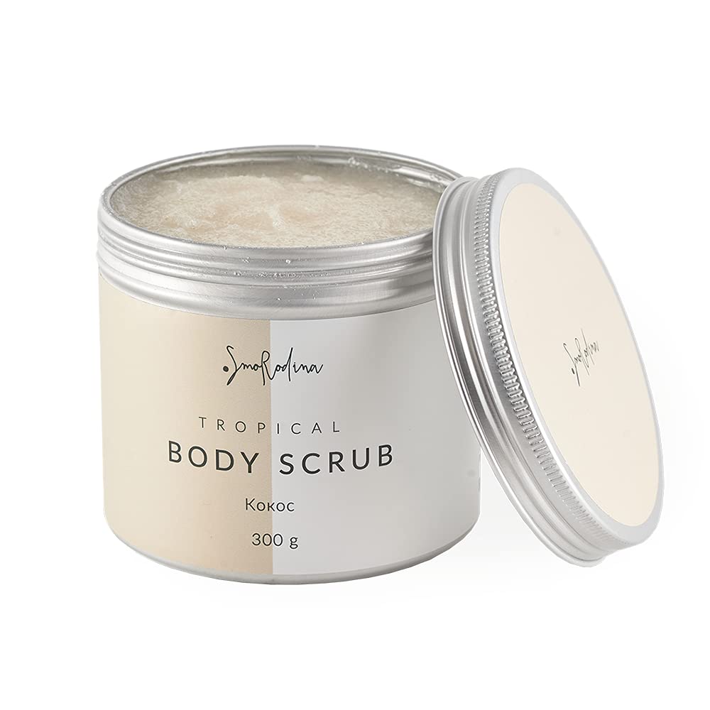 Coconut Natural Sugar and Salt Body Scrub, Medium Intensity, Gentle Scrubbing with Coconut, Mango, Almond. 100% Vegan and Natural, 10.5 oz/300 g