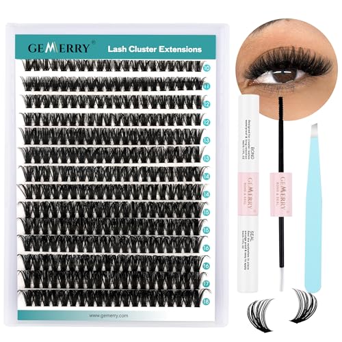 GEMERRY DIY Cluster Eyelash Extensions Kit with Lash Bond and Seal and Applicator for Beginners 280 PCS Individual Lash Cluster Kit 0.07D 10-18 Mix