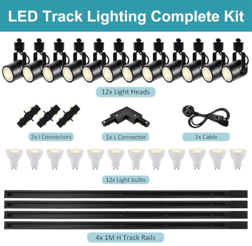 Image of GU10 LED Black Track Lighting Complete Kit, 4000K Natural White, 12 Packs GU10 Dimmable Ceiling Spotlight Fixture with 13.12ft H Type Track Rails, Replaceable 10W LED Bulbs for Home