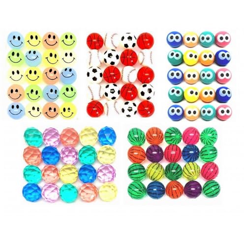 N2【お祭りや縁日・子供会や町内会イベントに!】27mm〜32mmサイズのスーパーボールバラエティセット 100個入りNEW Part.2 ダイヤやスポーツ、メダマ、スイカ、蓄光ニコニコのボール、男女問わずに楽しめる【スーパーボールすくいの彩りや追加に!】