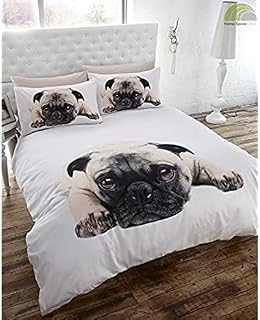 Pug Dog Quilt Duvet Cover and Pillowcases Set, White, Double Bed Size, Pooch, Puppy, Polyester-Cotton