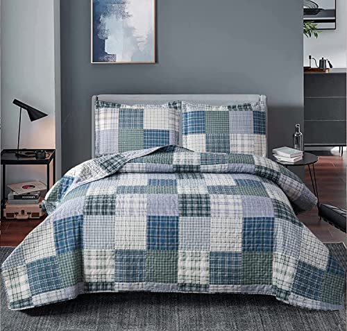 Ycosy Plaid Quilt Set King Size Patchwork Quilts Bedding Plaid Reversible Bedspread Coverlet Soft Lightweight Bed Cover Set All-Season, 1 Quilt with 2 Pillow Shams
