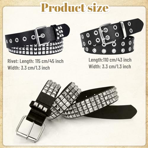 Black Studded Belt, 2 Pcs Y2K Belt Metal Punk Rock Double Grommet Belts with Bright Pyramid Studded for Women Men2