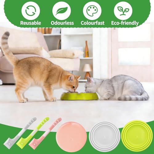 FIHODONE 3 Stück Katzenfutter Löffel Lang, mit 3 Dosendeckel Wiederverwendbare, 16cm Futterlöffel Katze Dosenlöffel Tierfutterlöffel Silikon, Deckel für Dosen für Cat Hund Tiernassfutter Futterdose
