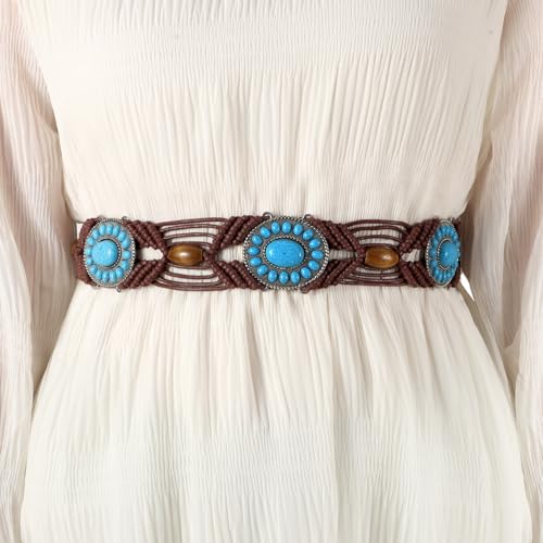 WHIPPY Boho Turquoise Belt for Women Wax Rope Braided Waist Belt Western Hand-Woven Bead Tassel Belts for Dress, 2" Wide2