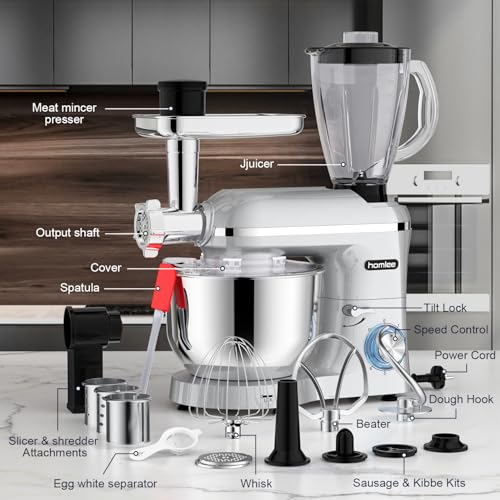 Foto von Homlee 3 in 1 Universal Küchenmaschine 2000W Multifunktionale Knetmaschine 6-stufige Gescheindigkeit Mixer, mit Fleischwolf, 1.5L Saftpresse, 5.5L Edelstahlschüssel knetmaschine