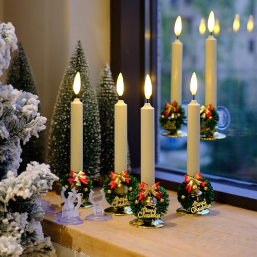 Image of NONNO & ZGF 6 Pack Flameless 8.7'' Window Candles +6 Wreath(with Bows /Bells)+12 AA Batteries(Include)+ 6 Suction Cups+ 6 Golden Candleholders. Battery Powered Ivory Taper Candle with Remote and Timer