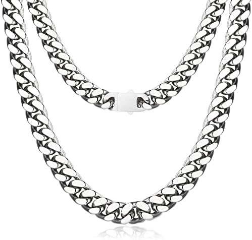 Krfy Silver Chain for Men Boys 18K Gold Plated 316L Stainless Steel Miami Cuban Link Chain for Women 10mm Diamond Cut Mens Chunky Thick Cuban Link Chain Necklace 20 Inches