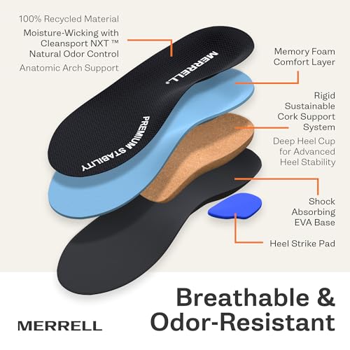 Image of MERRELL Premium Stability Shoe Insoles for Men - Premium Orthotic Arch Support Insoles with Rigid Cork Layer, Deep Heel Cup, Odor Control, Work Boot, Foot Pain, Standing /For Medium to High Arch Height