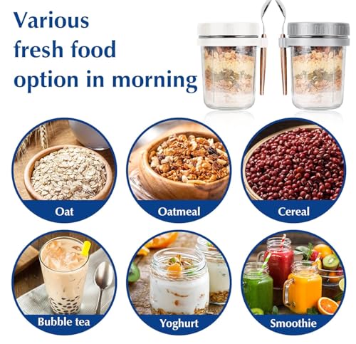 Image of 350 ml Overnight Oats Containers with Lids and Spoons,Glass Mason Jars Overnight Oats Leak Proof Oatmeal Container Great Cereal Fruit Vegetable Milk Salad (multi) (white and grey)
