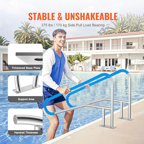 VEVOR Pool Handrail, 2 PCS 55 x 32 inch Railing, Stainless Steel with Base Plate for Indoor/Outdoor, Rust-Proof Grab Bar w/Grip Cover&Accessories for Decks/Spas by VEVOR - Image 3