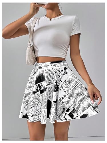 WDIRARA Women's Newspaper Graphic Print Skorts High Waist Flowy Athletic Skirts with Shorts Underneath4