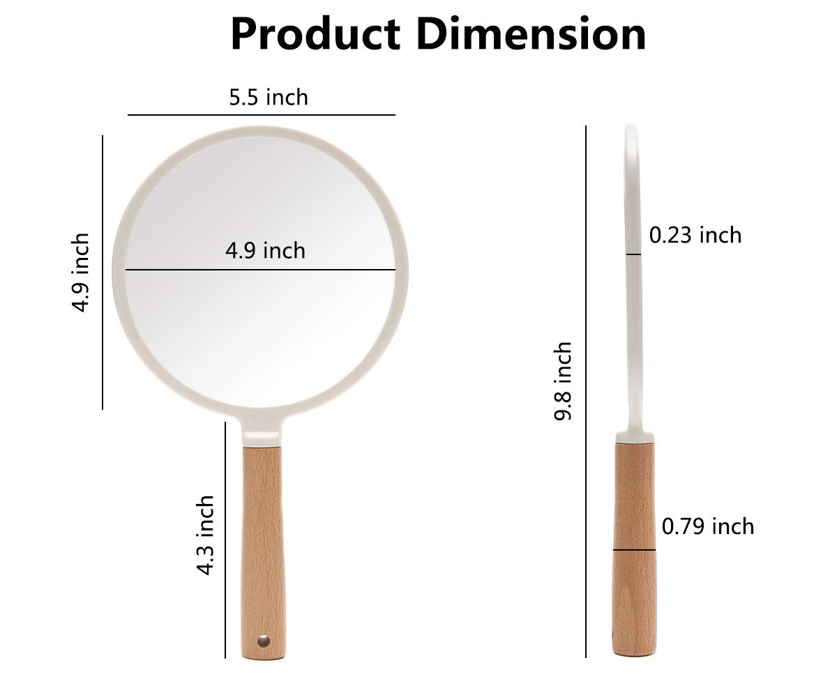 YEAKE Specchio a mano con manico per trucco, piccolo specchio in legno carino per rasatura con foro da appendere su un lato, portatile, da viaggio, per uomini e donne (rotondo)