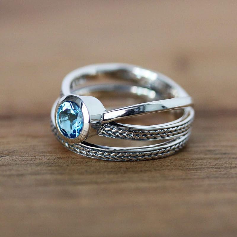 Blue Topaz 925 Plated Silver Handmade Stackable Statement Rings for Women Cubic Zirconia CZ Engagement Wedding Band Rings for Women Boho Jewelry Size 7# - Image 2