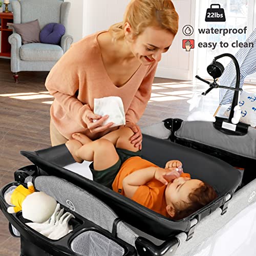 Kinder King EKK0034GR 4 In 1 Portable Nursery Center, Foldable Baby Bedside Crib W/Bassinet, Infant Pack N Play Playard Toddler Large Playpen thumb #2