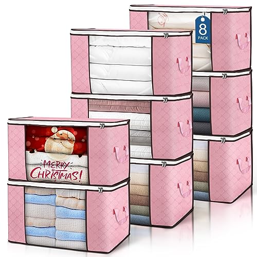 Image of 90 L Large Storage Bags, 8 Pack Clothes Storage Bins Foldable Closet Organizer Storage Containers with Durable Handle Storage and Organization, Blanket, Comforters, Bed Sheets, Pillows and Toys (Pink)