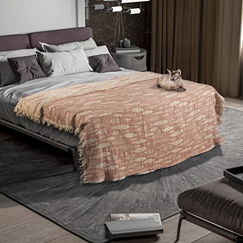 Aegean Concept Organic Handmade Vintage Boho Rustic 100% Cotton 3 Layers Super Soft 67X90 Inches, Adult Muslin Twin Sized Turkish Bedcover Bedspread Throw Blanket, Coral, Fish Pattern #TOP20