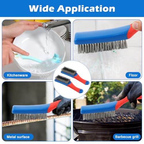 Image of 2 Pack Wire Brushes for Cleaning, 6.3inch Steel Wire Scratch Brush Heavy Duty Metal Wire Brush Cleaning Tool with Handle Grip(Blue+Red)