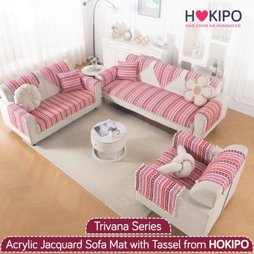 Image of HOKIPO Sofa Backrest Cover with Tassel | 300 GSM Thick Cotton Acrylic Jacquard Fabric Backrest Mat, Size 55x70 cm,'Trivana Series' Hot Pink (IN-932-J3)