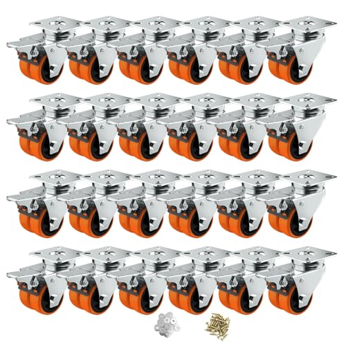 Image of Caster Wheels, 2inch Casters Set of 24 Heavy Duty, Two-Wheeled Orange TPE Casters with Brake, Double-Wheeled Swivel Plate Locking Castor Wheels Widely Used in All Kinds of Furniture.(24 Pack)