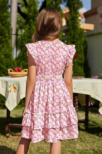 Image of Arshiner Girls Dresses Flutter Sleeve A-Line Sundress Casual Summer Tiered Swing Midi Pocket Dress