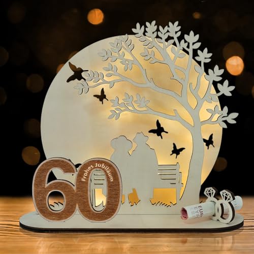 ARTREE Cadeau d'argent mariage 60 ans de mariage, Noces de diamant cadeaux anniversaire de mariage décoration emballage d'argent en bois avec guirlande...