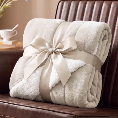 Image of Bedsure GentleSoft Sherpa Fleece Throw Blanket for Couch, Non-Heated, Thick and Warm Throw for Women and Men, Soft Fuzzy Plush Blanket for Winter, Beige, 50x60 Inches