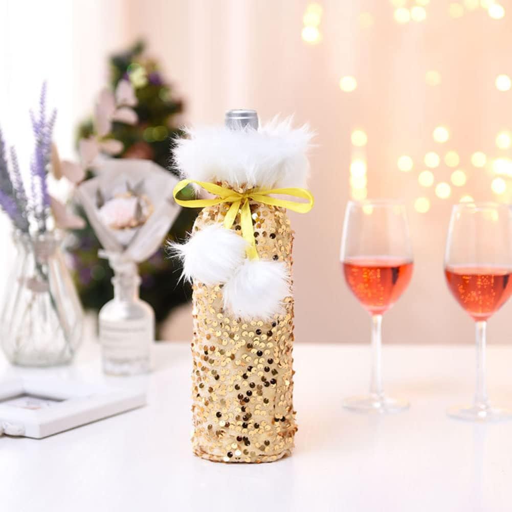 JOONOR 3PCS Reusable Christmas Wine Bottle Covers,Handmade Knit sequin cloth woven Drawstring champagne wine gift Bags for Xmas Dinner Party Table Decorations image 4