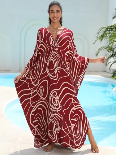 Image of IMAGEKOPE Women's Plus Size Animal Print V-Neck Batwing Kaftan Beach Dress Bathing Suit Cover-Up Loungewear