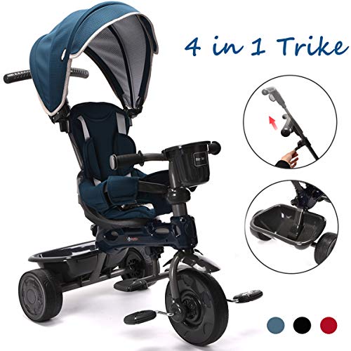 ChromeWheels 4-in-1 Kids’ Trike & Stroller, Adjustable Height Push Ride Tricycle for 9