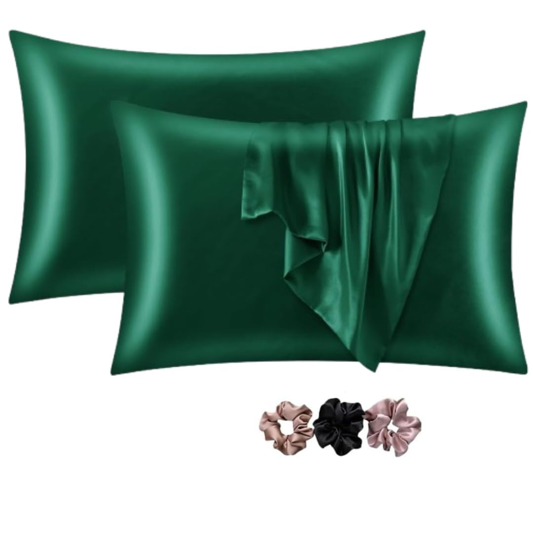 GO WELL Solid Satin Silk Pillow Covers Pack of 2 for Hair and Skin-with Satin Scrunchies for Women Stylish|Satin Pillow Cover for Hair|scrunchies for Women 3-Piece|Silk Pillow case (Green) 600TC