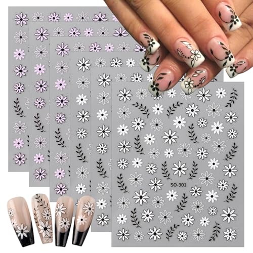 Black White Daisy Flowers Nail Stickers 3D Self Adhesive Purple Floral Nail Art Stickers Spring Cute Little Daisy Flower Nail Decals for Women Spring Summer DIY Nail Decor (6 Sheets)