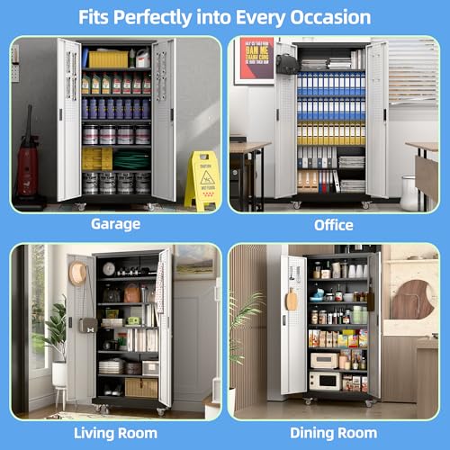 Image of Aobabo Garage Storage Cabinet with Wheels, Metal Storage Cabinet with 5 Adjustable Shelves for Garage Home, Black&Silver,71 inch H*34''W*18''D,Required-Assembly,