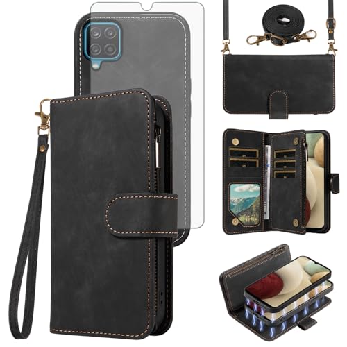 Coque Samsung Galaxy A12 Asuwish avec fermeture éclair et bandoulière